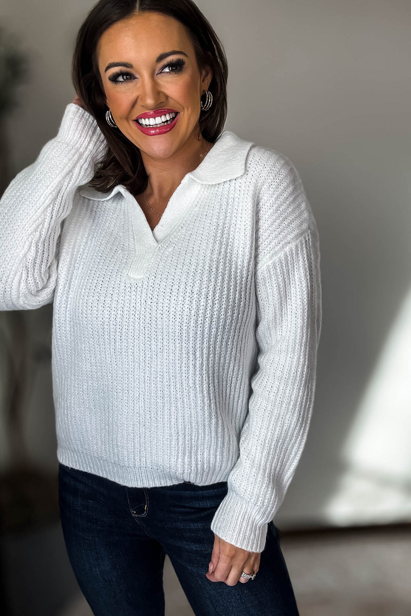 In My Dreams Off White Melange Collared V-Neck Basic Sweater
