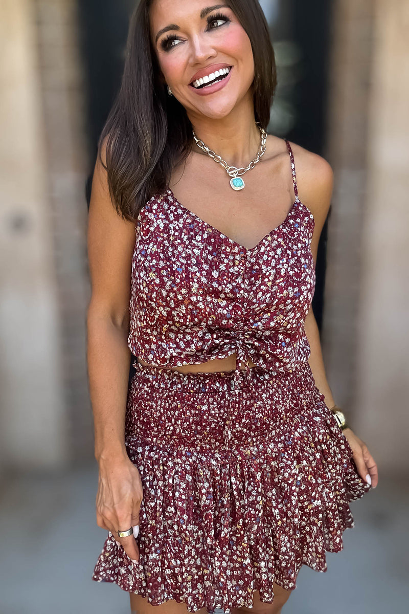 Burgundy Floral Print Ruffle Crop Top