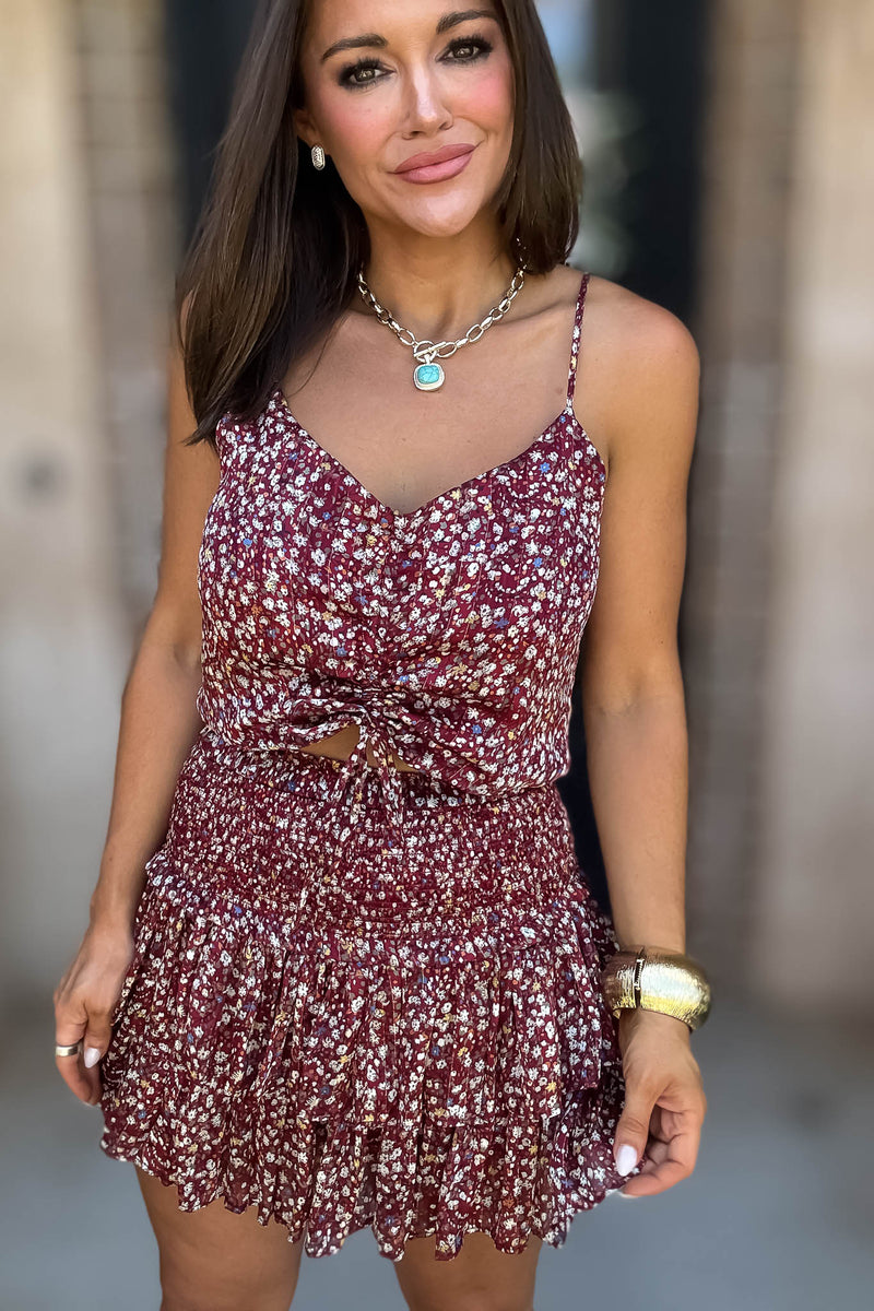 Burgundy Floral Print Ruffle Crop Top