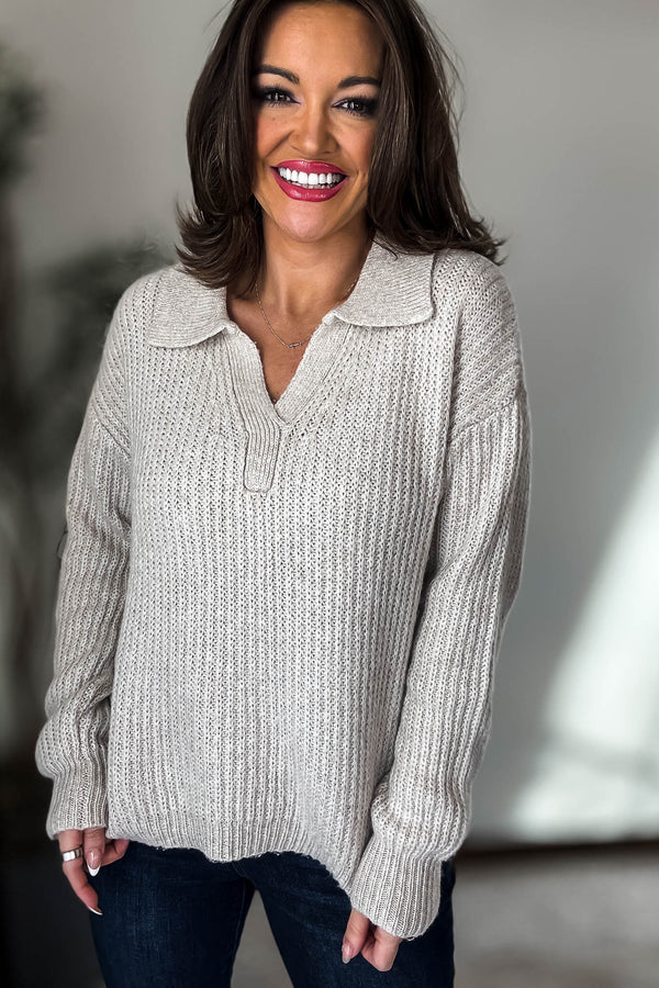 In My Dreams Sand Beige Melange Collared V-Neck Basic Sweater