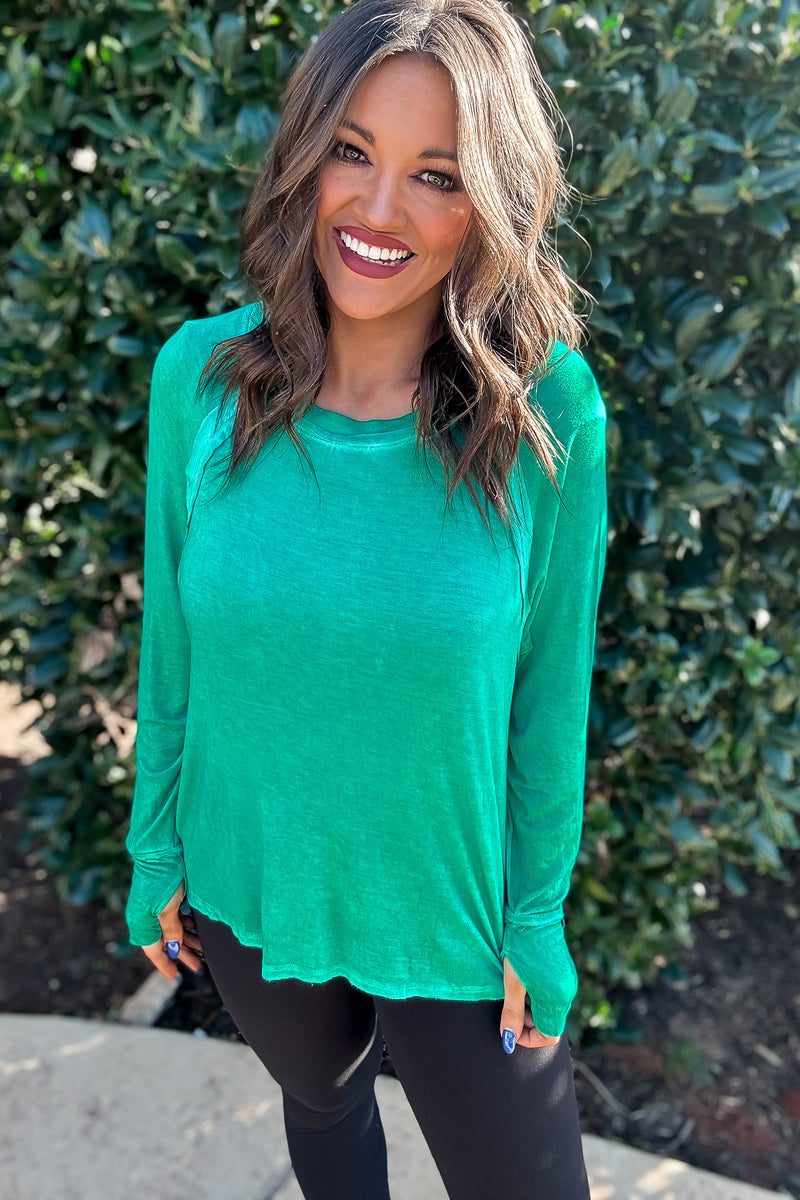 Here's The Scoop Kelly Green Washed Long Sleeve Top