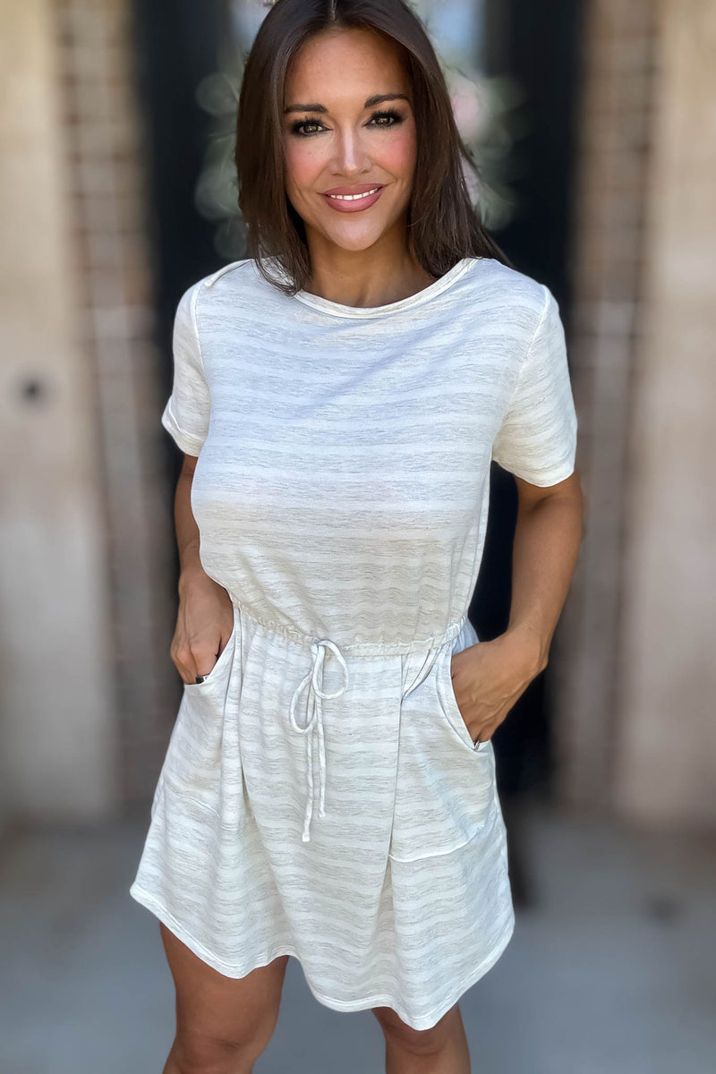 Stripe Oatmeal Drawstring Waist Pocket Romper Dress