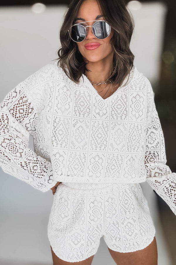 Crochet Crop Hoodie With High Waisted Shorts
