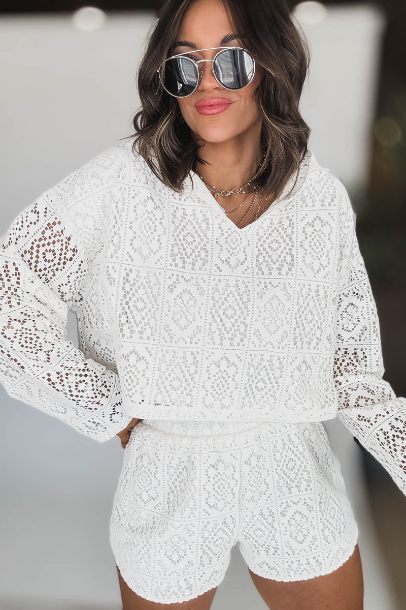 Crochet Crop Hoodie With High Waisted Shorts