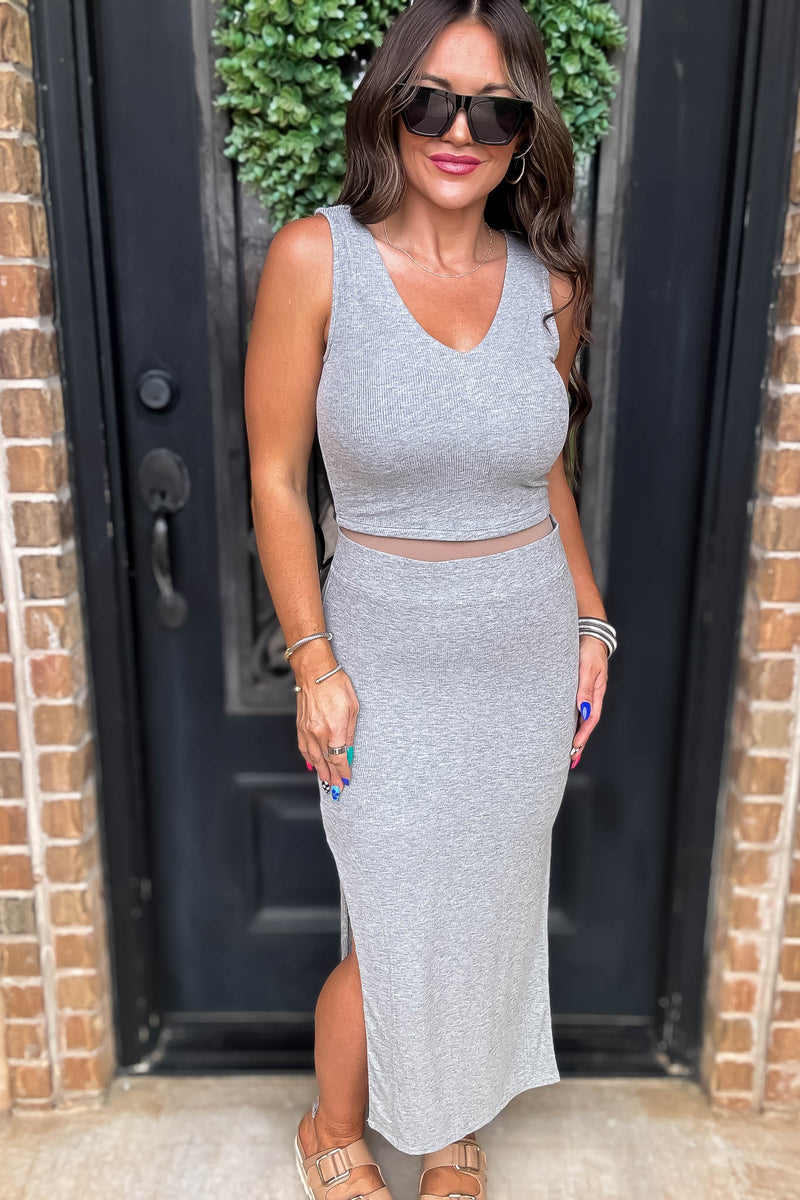 Ribbed V Neck Heather Grey Texture Skirt