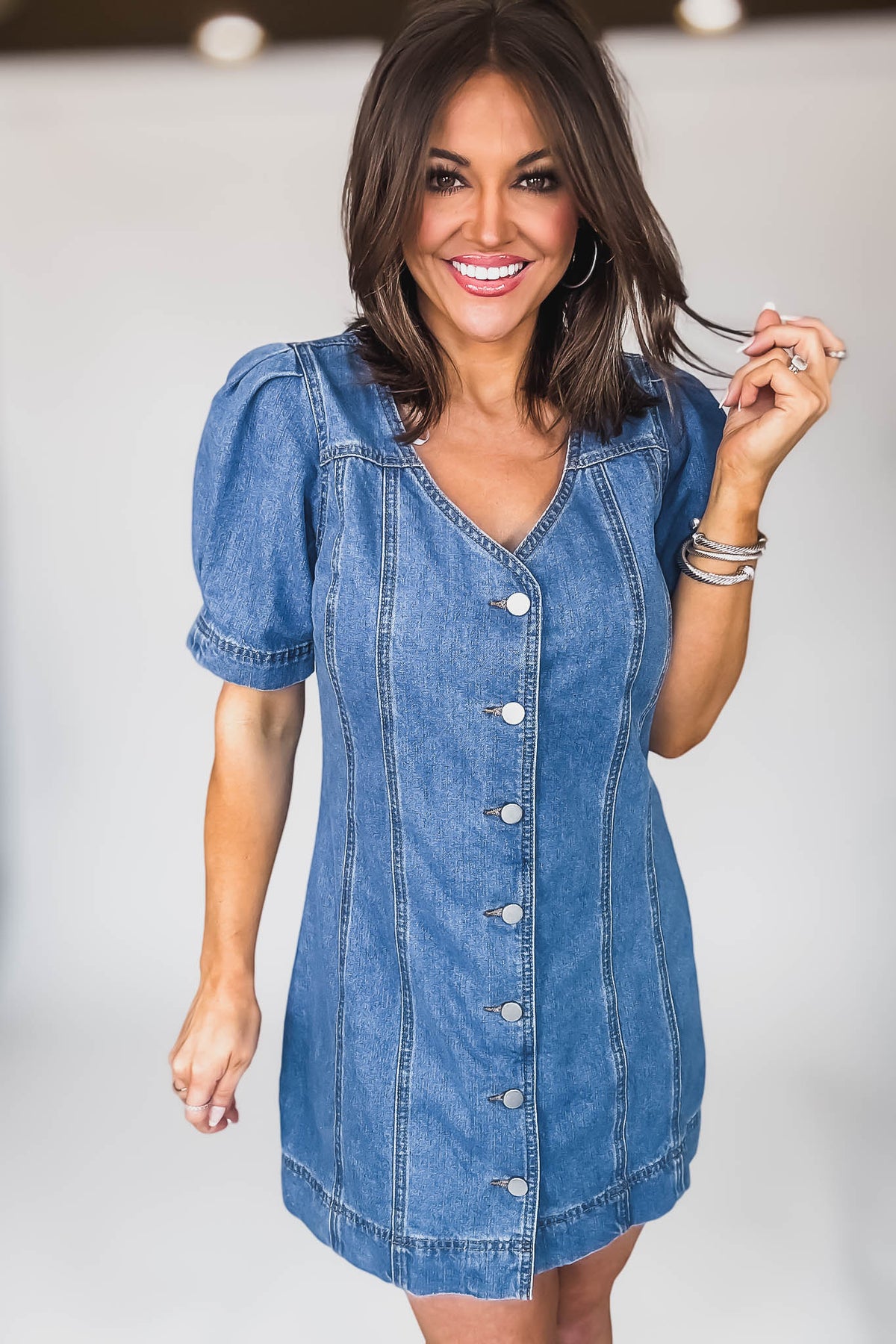 Mable DENIM BUTTON DOWN SHORT SLEEVE MINI DRESS Stella Rae's Mable DENIM BUTTON DOWN SHORT SLEEVE MINI DRESS Stella Rae's