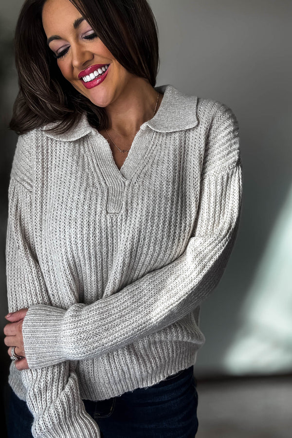 In My Dreams Sand Beige Melange Collared V-Neck Basic Sweater