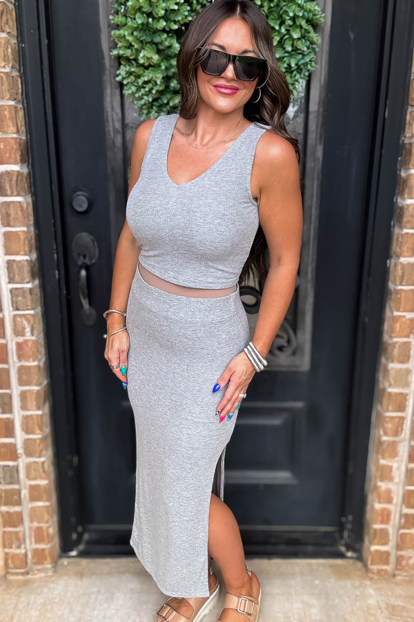 Ribbed V Neck Heather Grey Texture Skirt