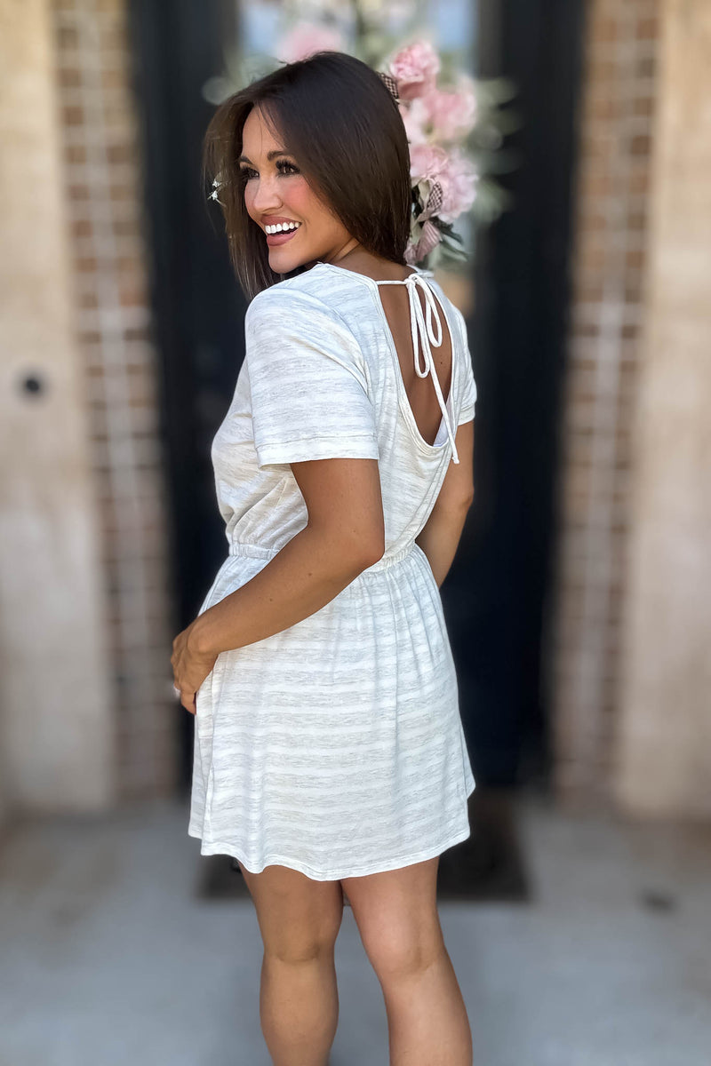 Stripe Oatmeal Drawstring Waist Pocket Romper Dress
