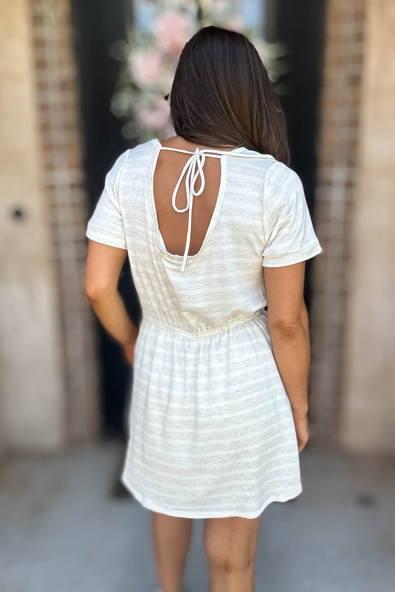 Stripe Oatmeal Drawstring Waist Pocket Romper Dress