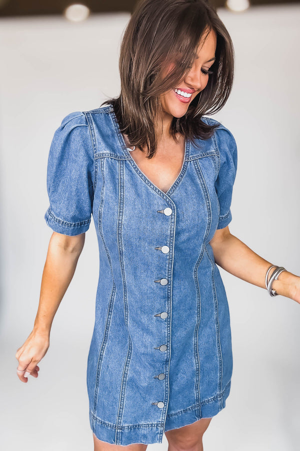 Mable DENIM BUTTON DOWN SHORT SLEEVE MINI DRESS