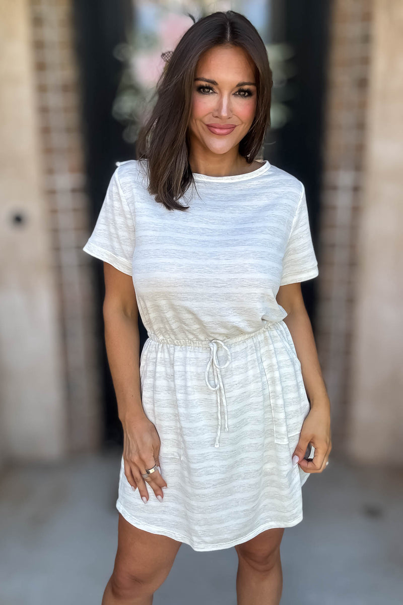 Stripe Oatmeal Drawstring Waist Pocket Romper Dress