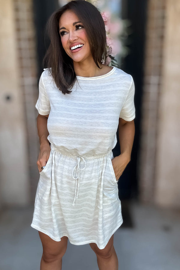 Stripe Oatmeal Drawstring Waist Pocket Romper Dress