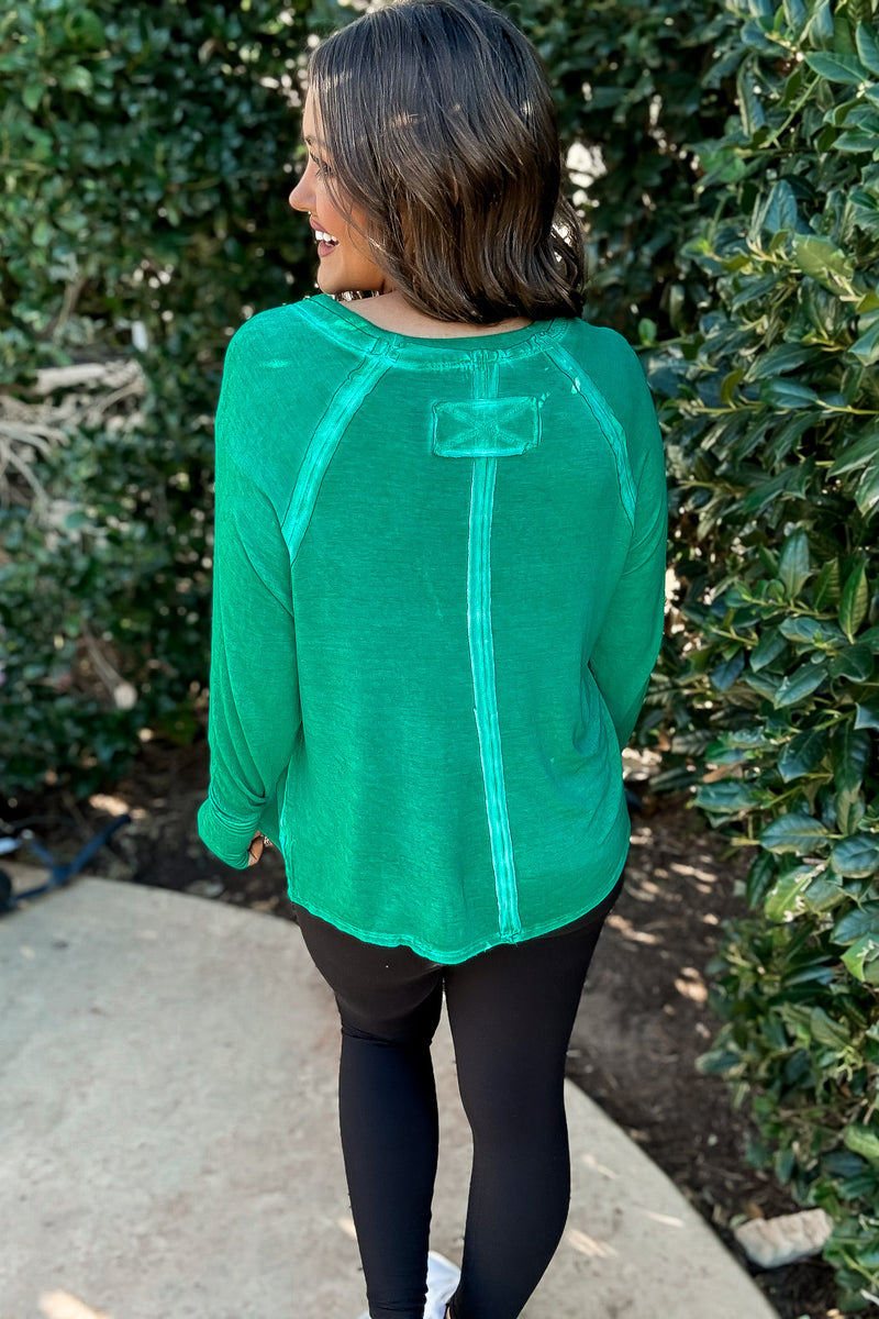 Here's The Scoop Kelly Green Washed Long Sleeve Top