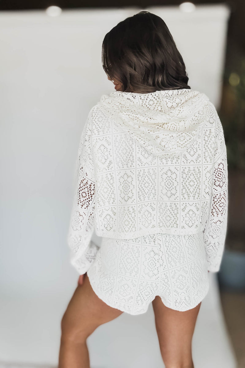 Crochet Crop Hoodie With High Waisted Shorts