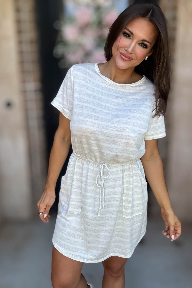 Stripe Oatmeal Drawstring Waist Pocket Romper Dress
