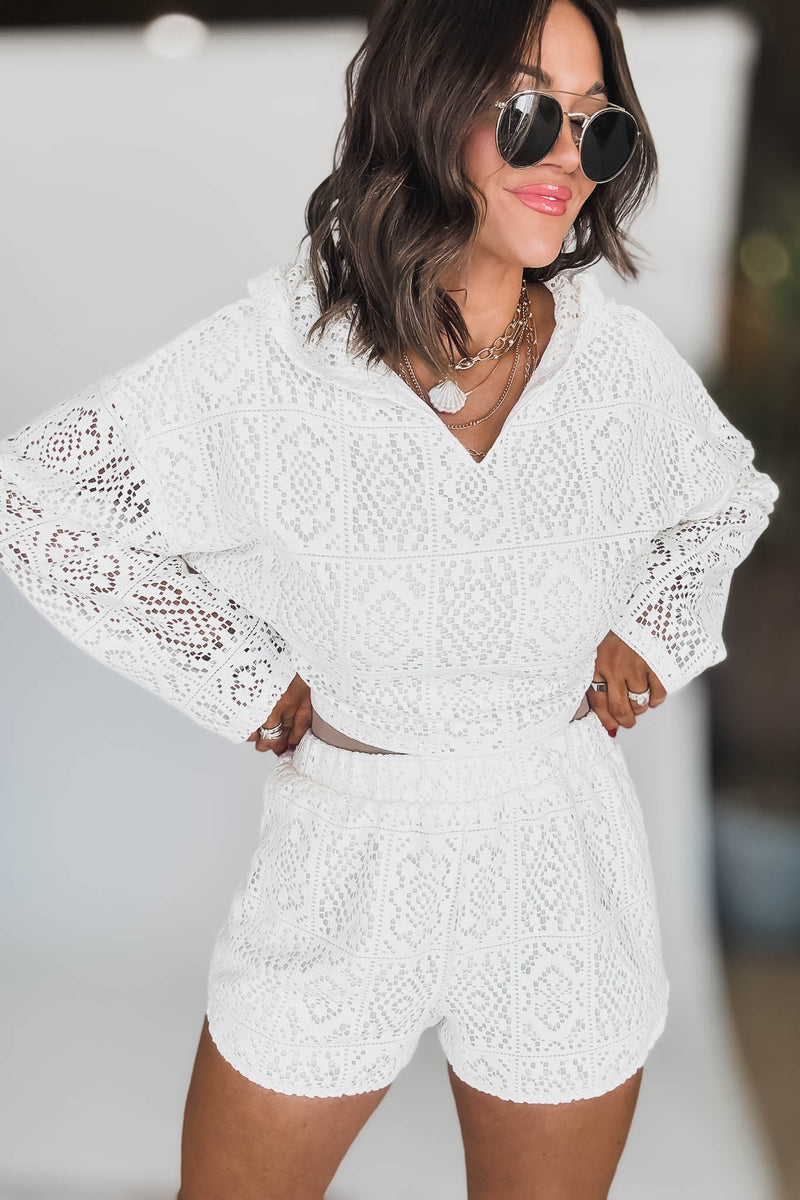 Crochet Crop Hoodie With High Waisted Shorts