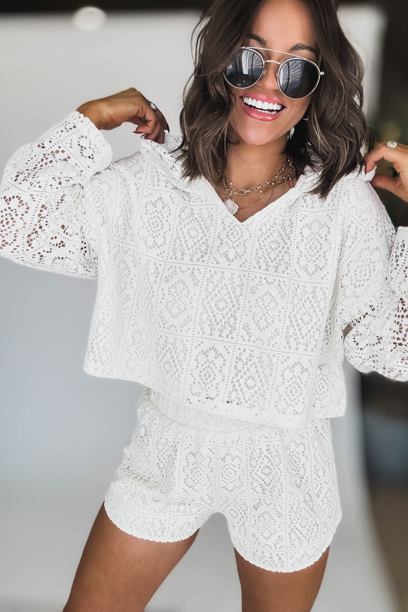 Crochet Crop Hoodie With High Waisted Shorts
