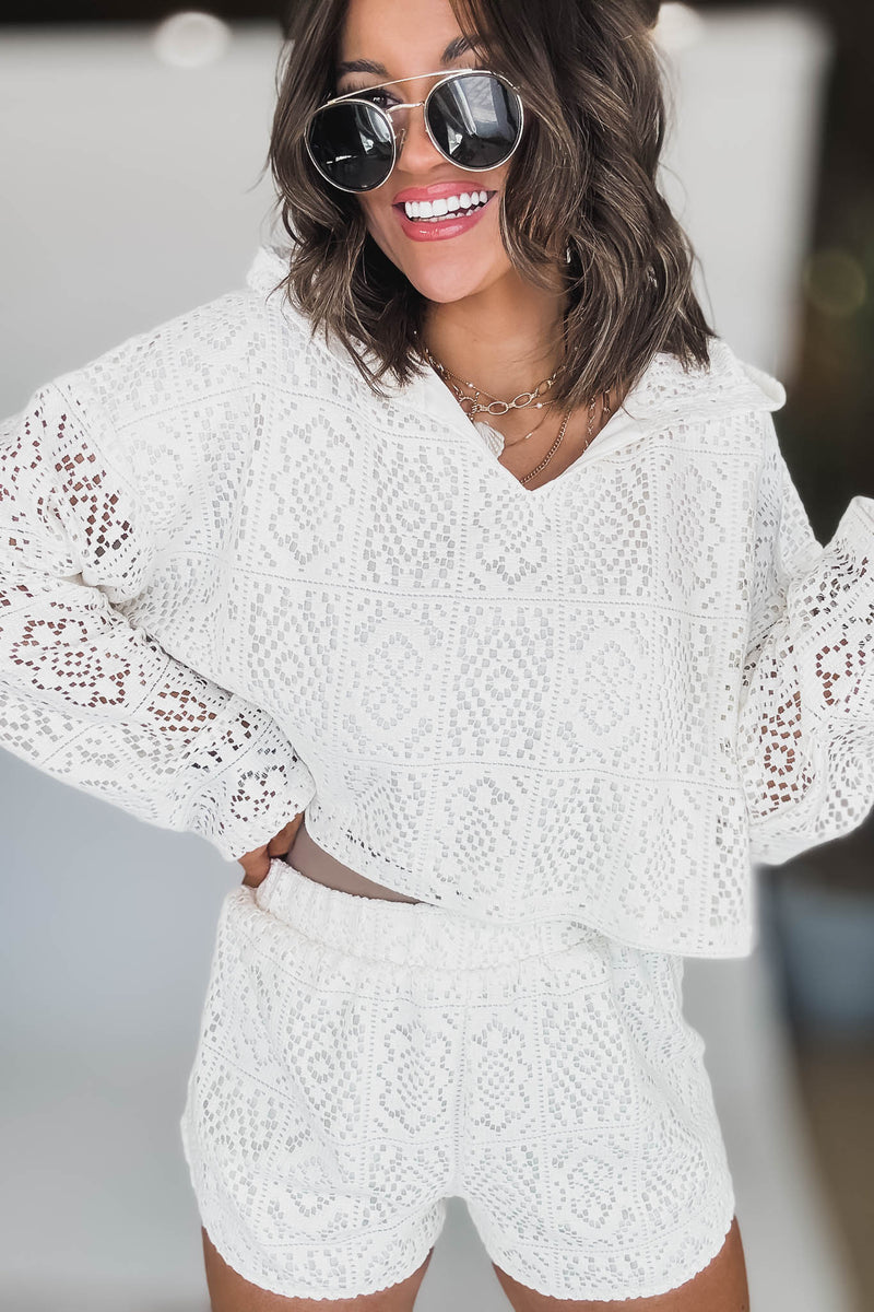Crochet Crop Hoodie With High Waisted Shorts