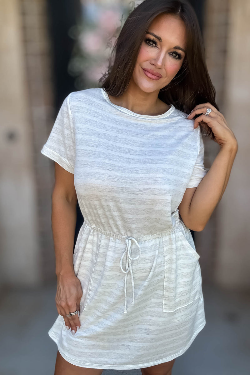 Stripe Oatmeal Drawstring Waist Pocket Romper Dress