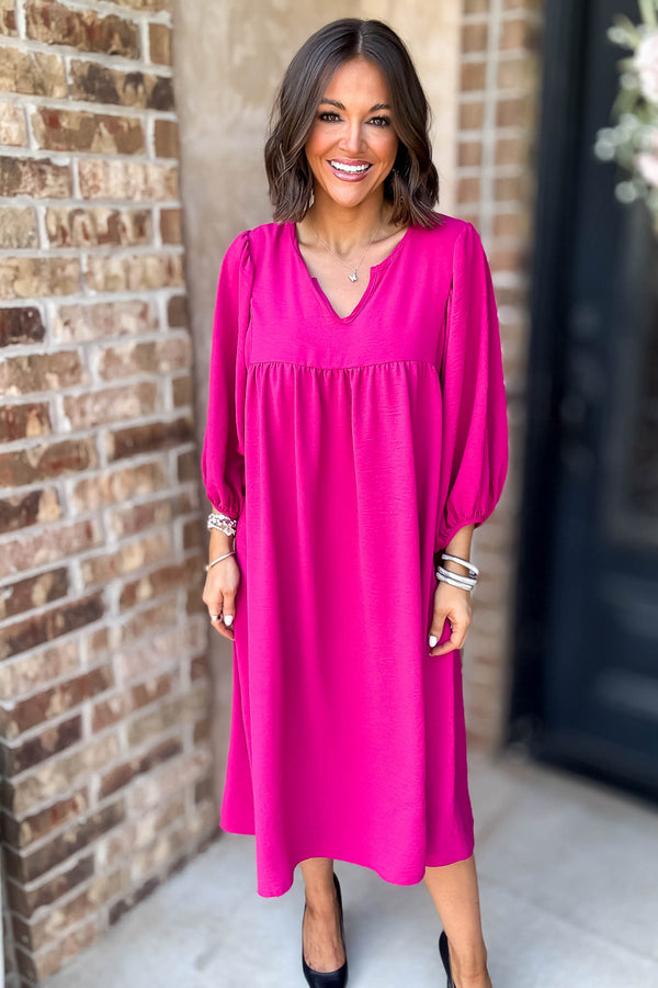 Fuchsia Crinkled Woven Split Neck Midi Dress