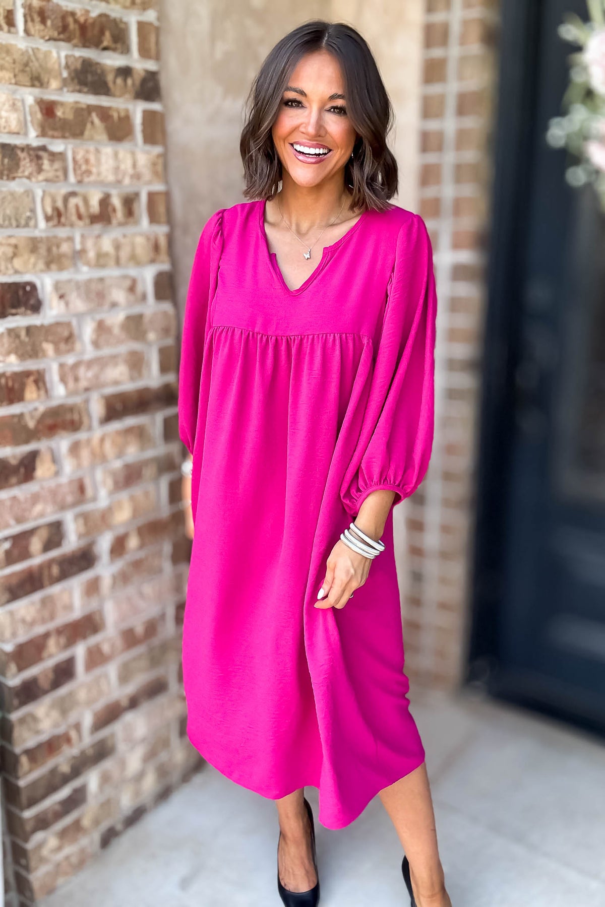 Fuchsia Crinkled Woven Split Neck Midi Dress – Stella Rae's