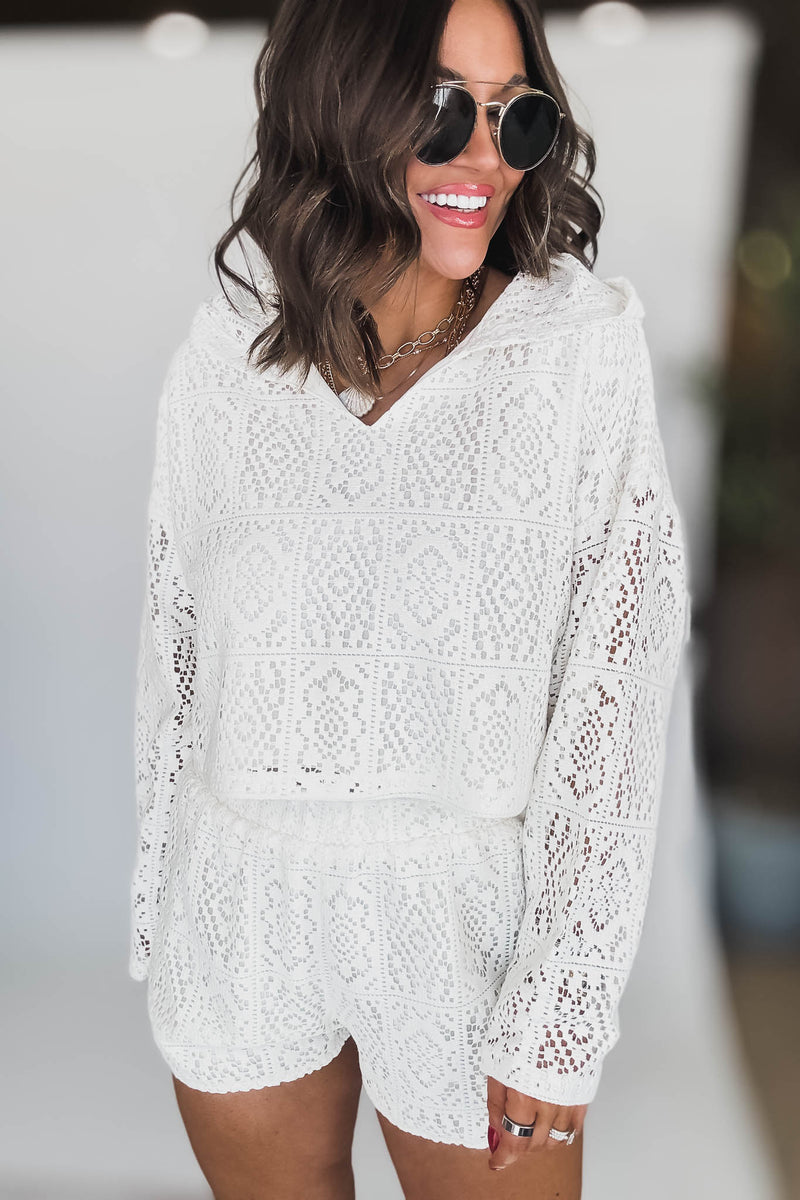 Crochet Crop Hoodie With High Waisted Shorts