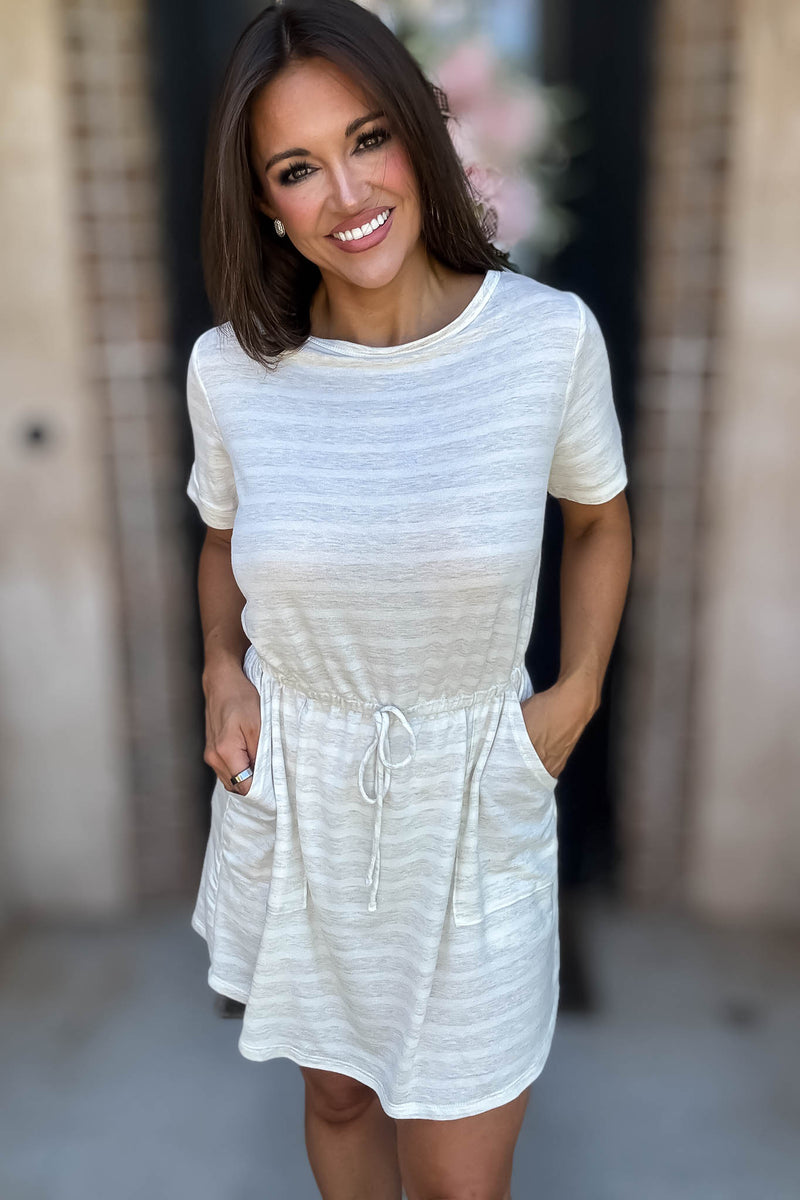 Stripe Oatmeal Drawstring Waist Pocket Romper Dress