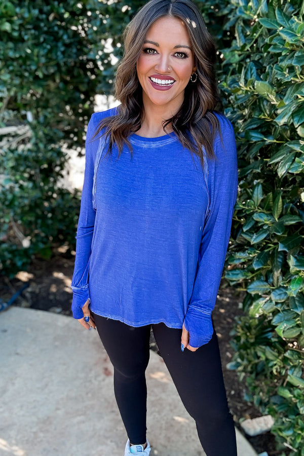 Here's The Scoop Bright Blue Washed Long Sleeve Top