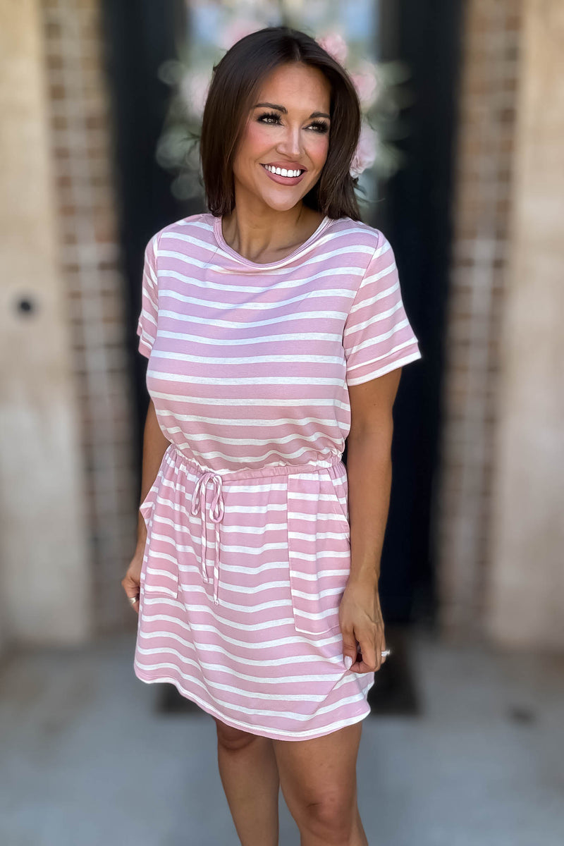 Stripe Pink Drawstring Waist Pocket Romper Dress