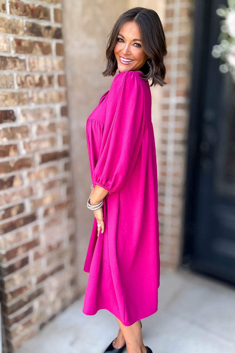 Fuchsia Crinkled Woven Split Neck Midi Dress