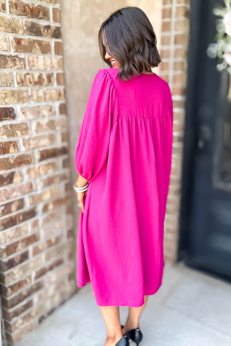 Fuchsia Crinkled Woven Split Neck Midi Dress