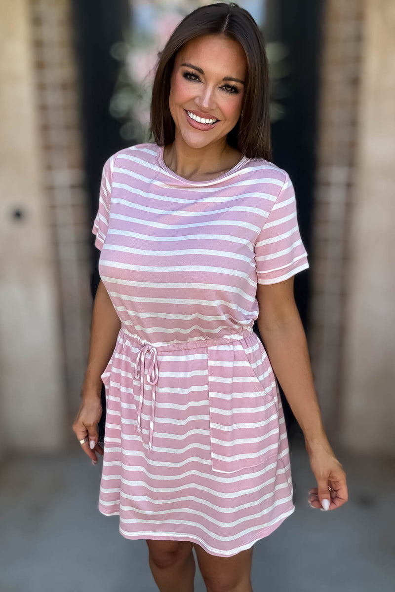 Stripe Pink Drawstring Waist Pocket Romper Dress