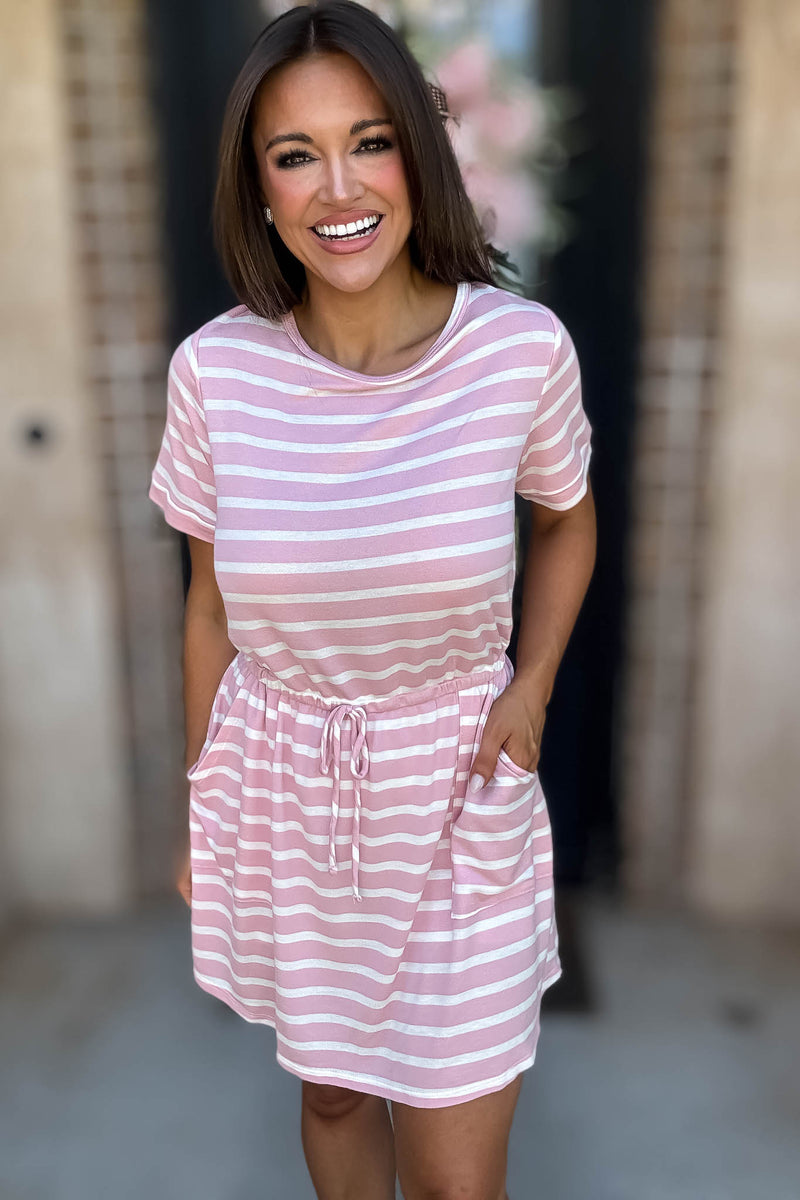 Stripe Pink Drawstring Waist Pocket Romper Dress