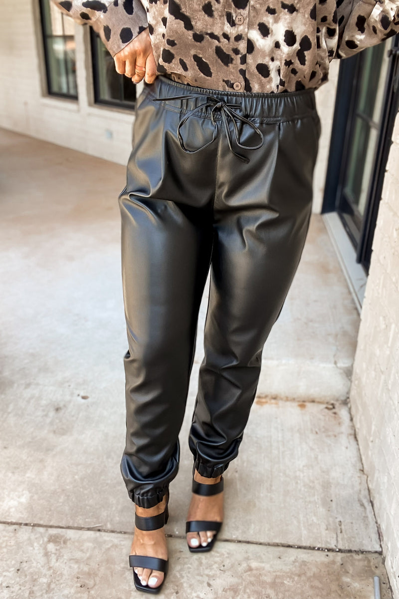 Be True To You Black Faux Leather Jogger Pants