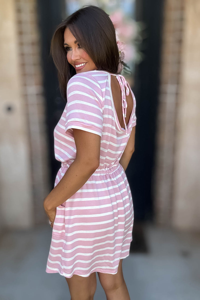 Stripe Pink Drawstring Waist Pocket Romper Dress