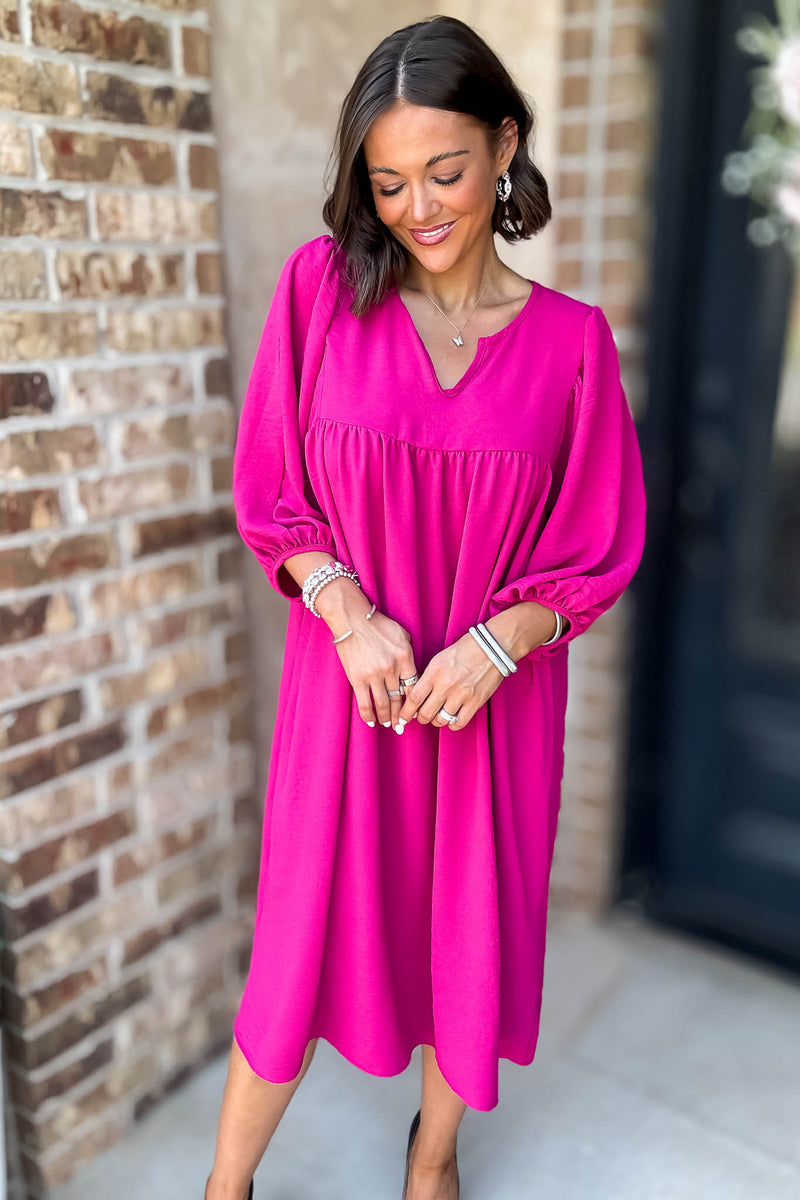Fuchsia Crinkled Woven Split Neck Midi Dress