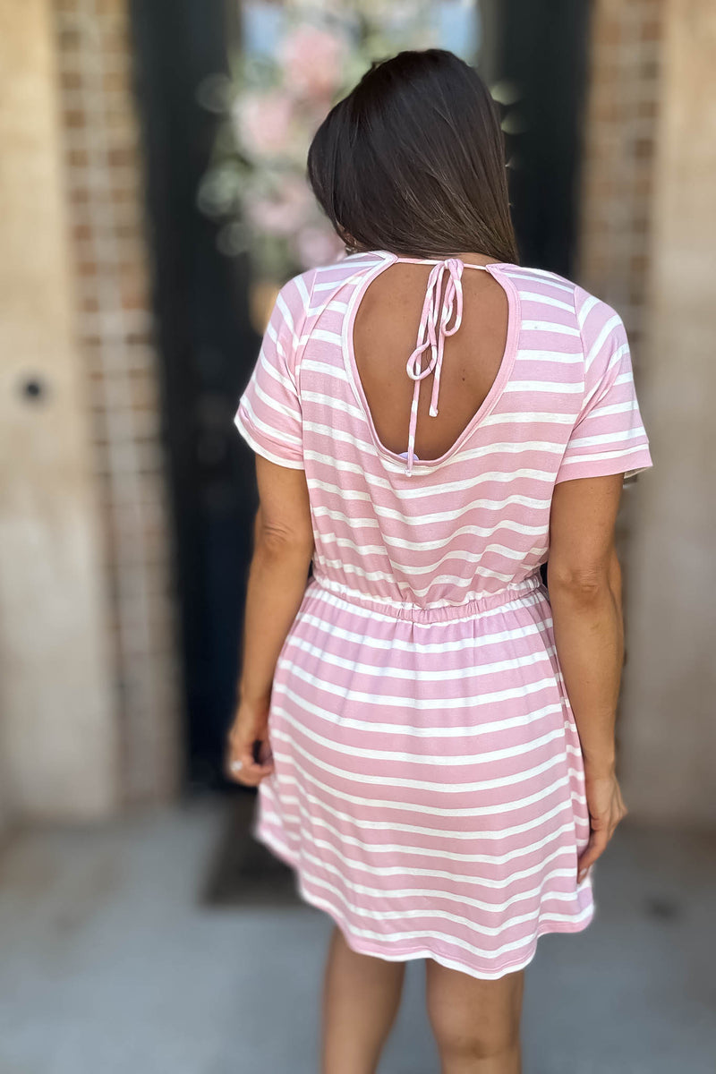 Stripe Pink Drawstring Waist Pocket Romper Dress