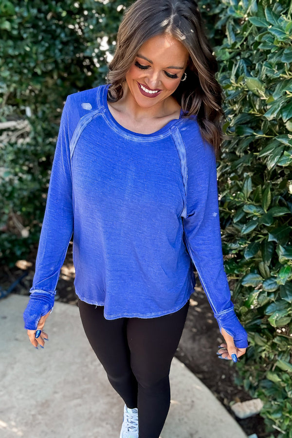 Here's The Scoop Bright Blue Washed Long Sleeve Top