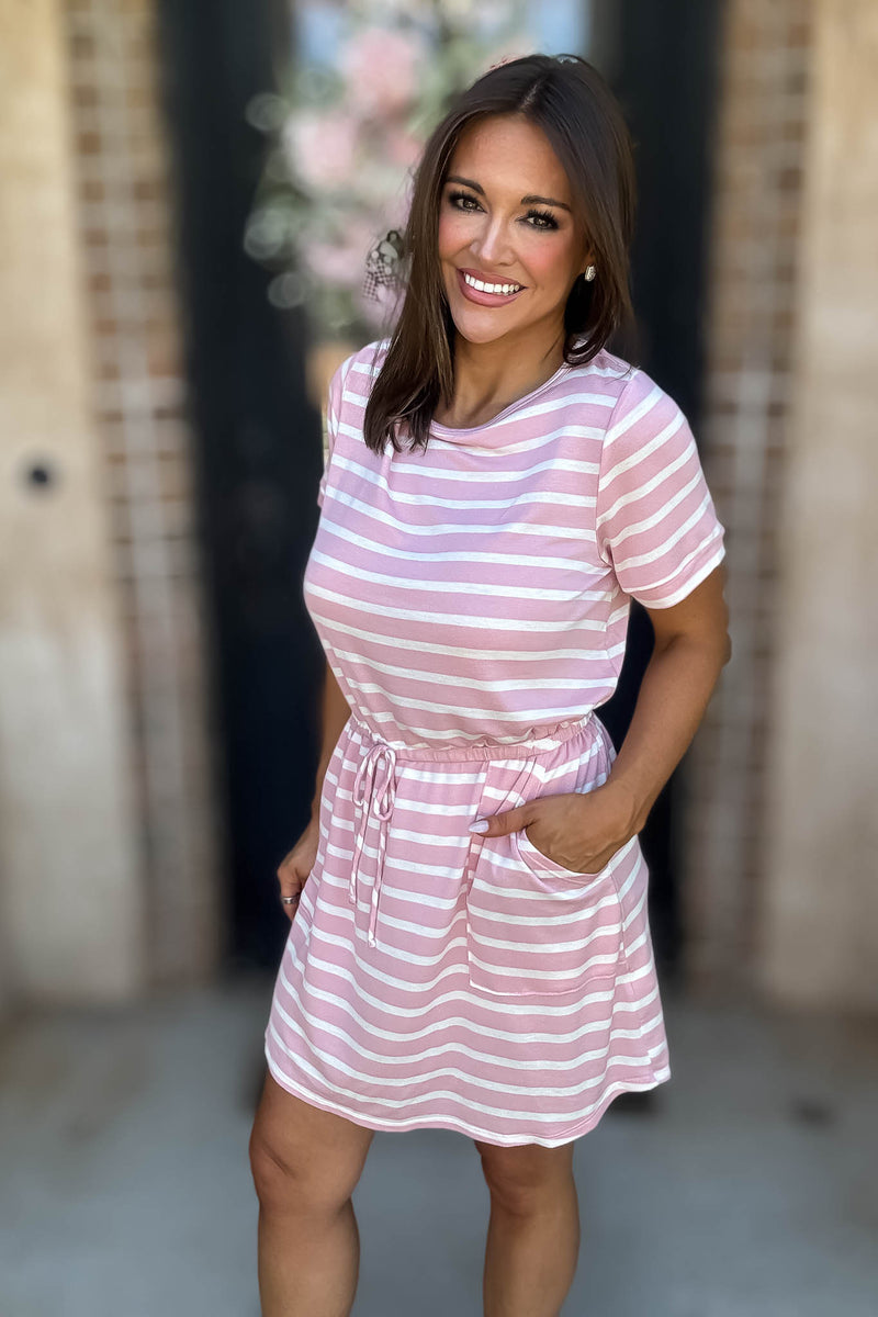 Stripe Pink Drawstring Waist Pocket Romper Dress