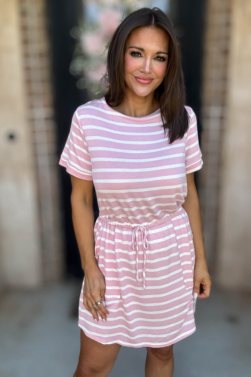 Stripe Pink Drawstring Waist Pocket Romper Dress