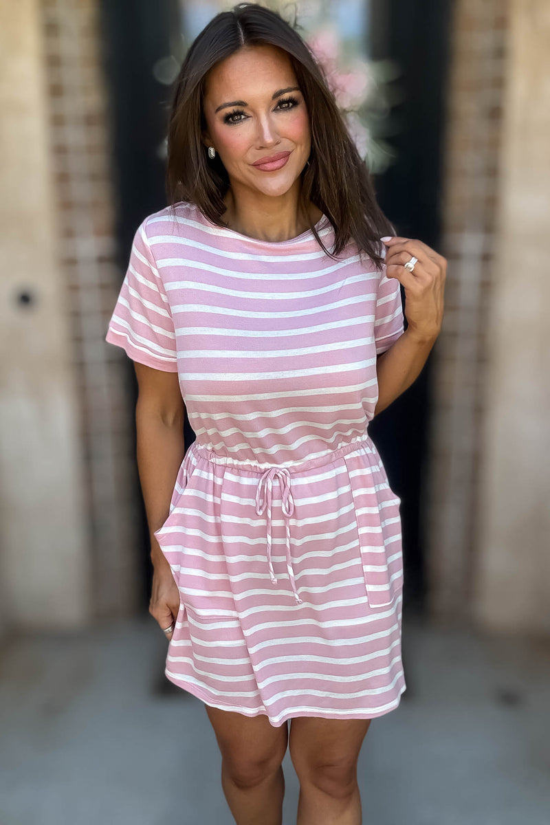 Stripe Pink Drawstring Waist Pocket Romper Dress