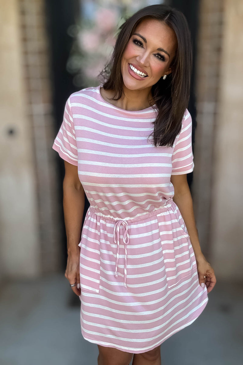 Stripe Pink Drawstring Waist Pocket Romper Dress