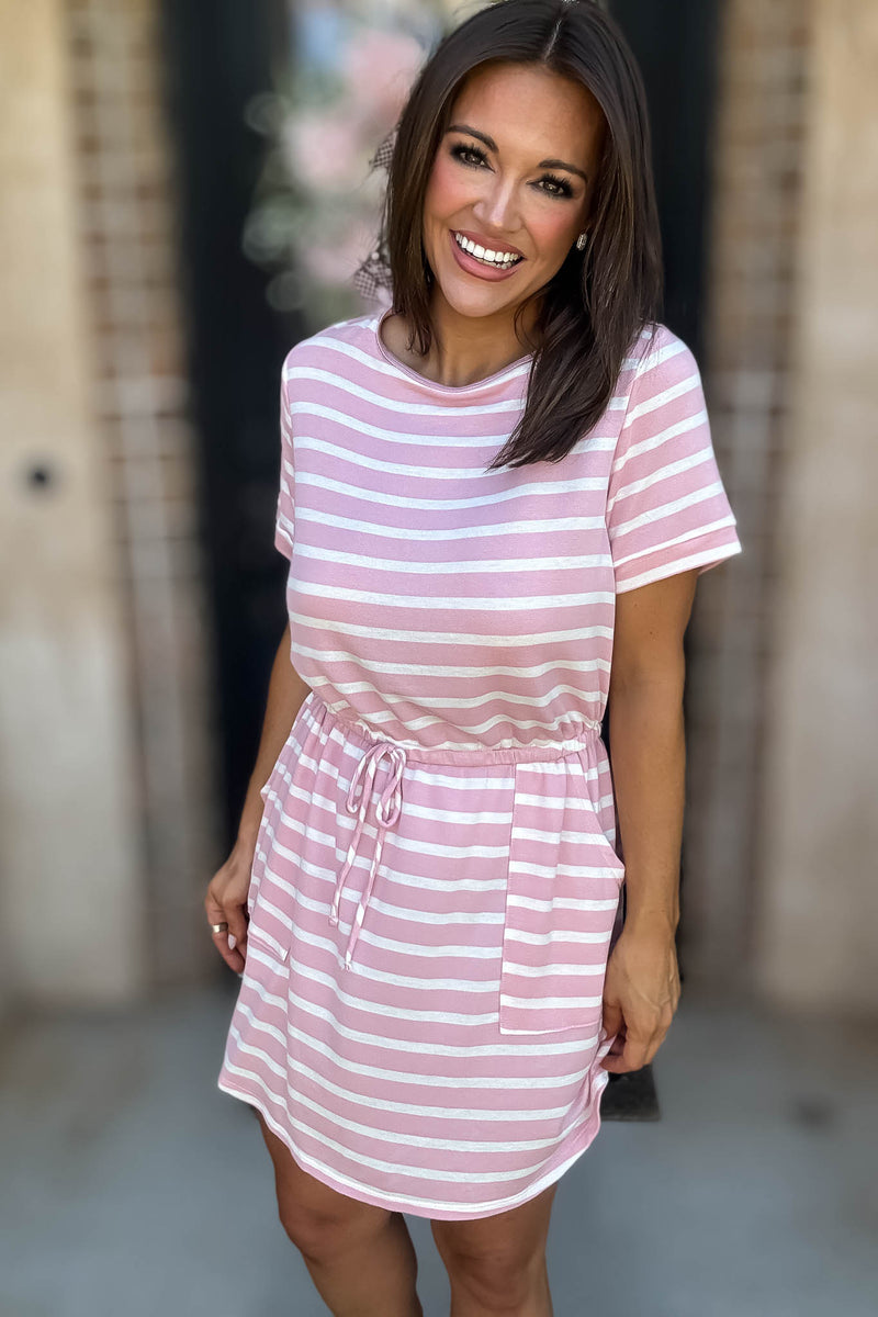 Stripe Pink Drawstring Waist Pocket Romper Dress