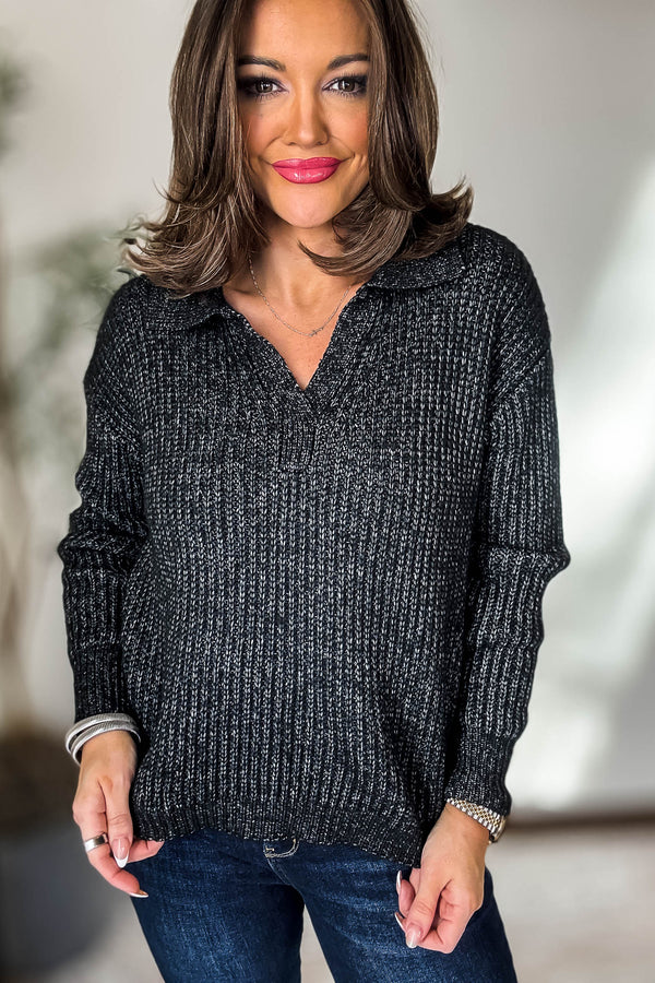 In My Dreams Heather Black Melange Collared V-Neck Basic Sweater