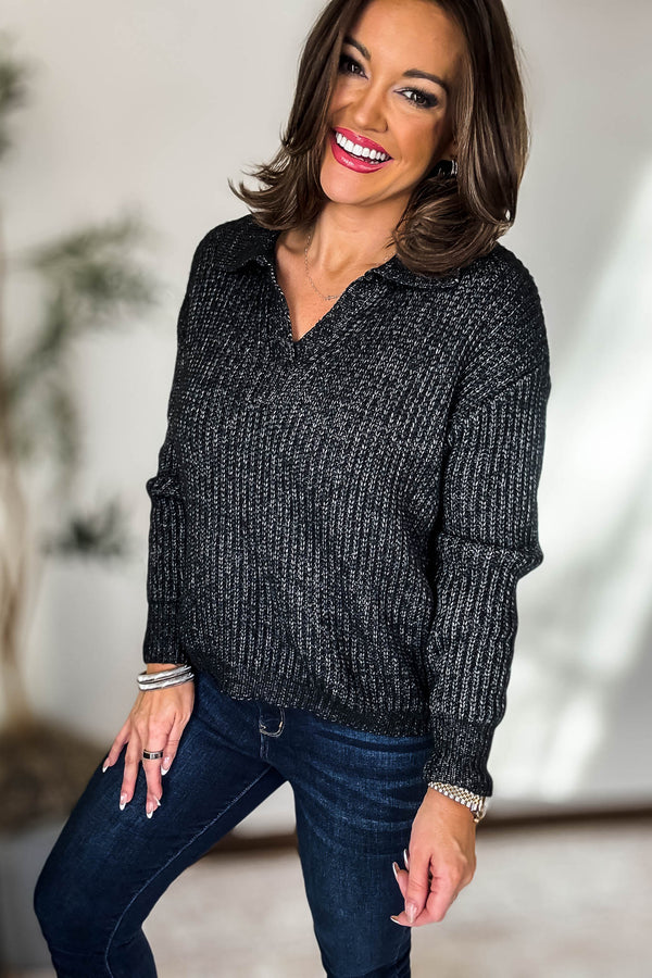 In My Dreams Heather Black Melange Collared V-Neck Basic Sweater