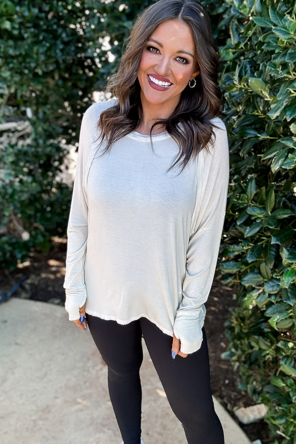 Here's The Scoop Sand Beige Washed Long Sleeve Top
