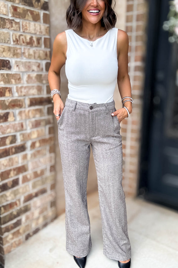 Khaki Herringbone Straight Fit Pants