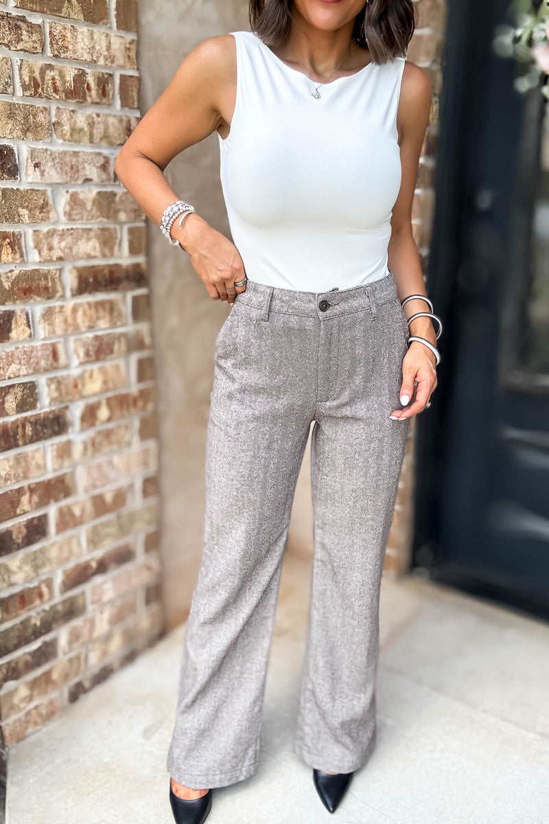Khaki Herringbone Straight Fit Pants
