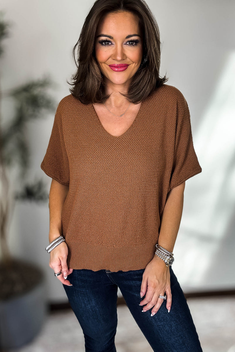 V-Neck Deep Camel Short Sleeve Dolman Sweater Top